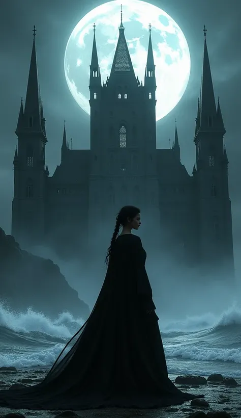 Introduce the character of rajkumari Suman in black dress and explain her mysterious aura in background in largest black castle with white moon and water high waves in full body