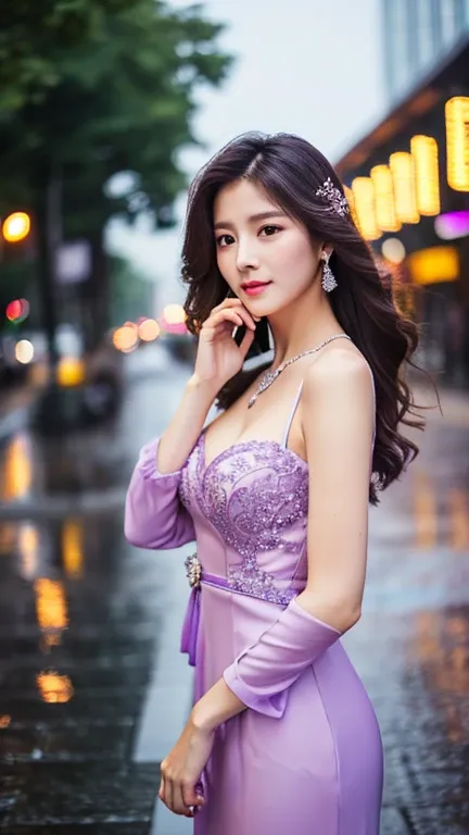 realistic ,masterpiece, highest quality, girl, woman, High resolution, portrait, photograph_light, {{}}, Ulchan-6500-v1.1:0.8、wear light purple gown with jewelry and cleavage, with prety friend on the edge of city road at the noon rain hard, super detailed...