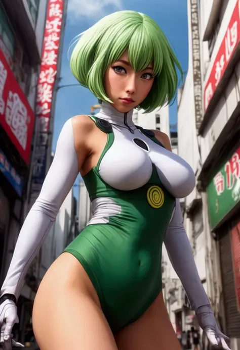 cute Yuna, in the role of Tatsumaki from One Punch Man, iconic outfit, age 25, big butt, she is telling off a giant mutant cyborg, damaged streets of Bangkok
