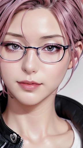 close-up of a woman with pink hair wearing glasses, artwork in guvez style, guvez, kawaii realistic portrait, inspired by seihik...