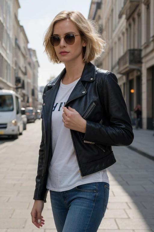 (masterpiece, best quality:1.2), highly, detailed, highres, solo focus, HD, 8k, in middle of the street, blond woman, leather jacket, photograph, photogenic, blue eyes, aviator glasses, short wavy bob hairstyle, looking at sky, european, walking to viewer,...