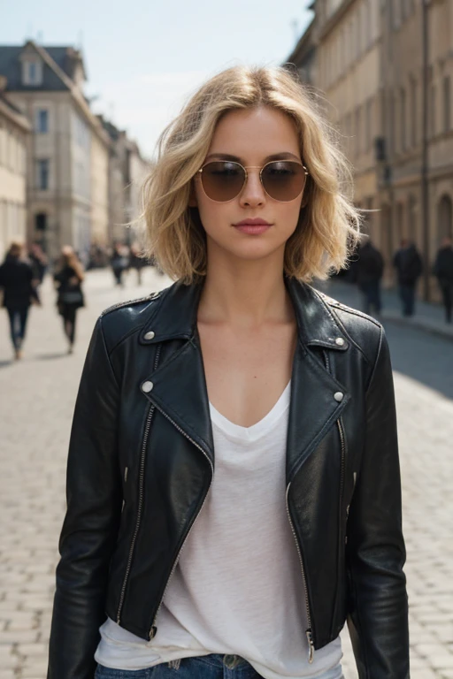 (masterpiece, best quality:1.2), highly, detailed, highres, solo focus, HD, 8k, in middle of the street, blond woman, leather jacket, photograph, photogenic, blue eyes, aviator glasses, short wavy bob hairstyle, looking at sky, european, walking to viewer,...