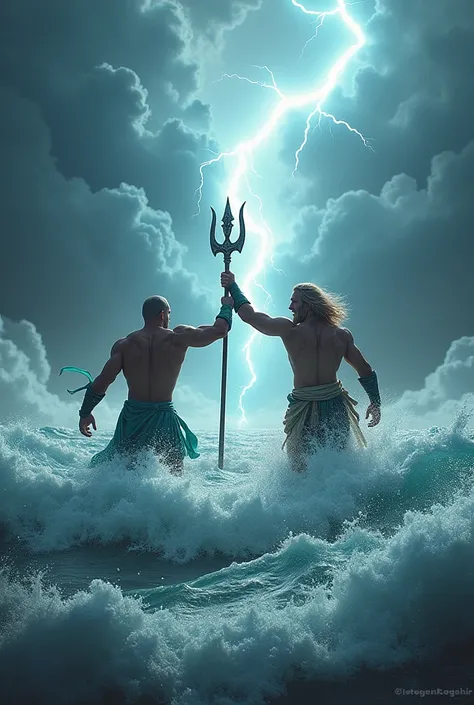 Poseidon coming out of the sea angry with a trident and heading towards Zeus who is among the clouds with a large lightning bolt in his hands. 
