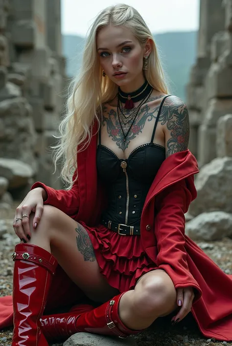 A young Ukrainian woman with detailed tattoos on her neck, chest, upper arms, wrists, abdomen, lower abdomen, thighs, and shins. ,
Long blonde hair、Sitting with hand on left knee、
BREAK ((gothic lolita, cute punk fashion):1.3), (wear a long sleeve red late...