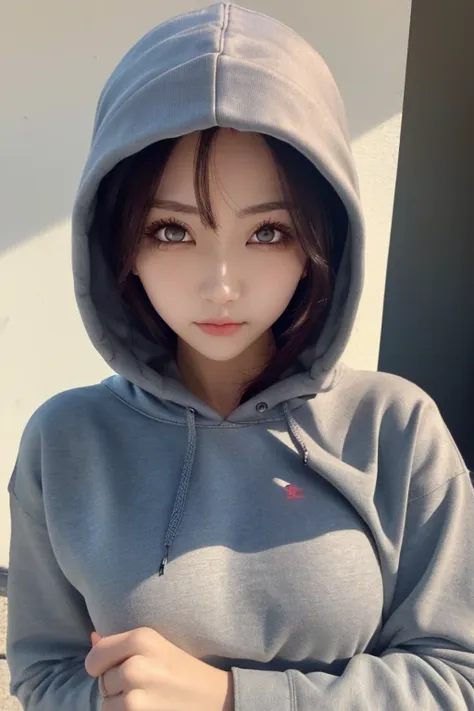 (masterpiece, exquisite beautiful eyes: 1.5), masterpiece ,1 girl,cute face,(beautiful red eyes),large breasts,hoodie, very good...