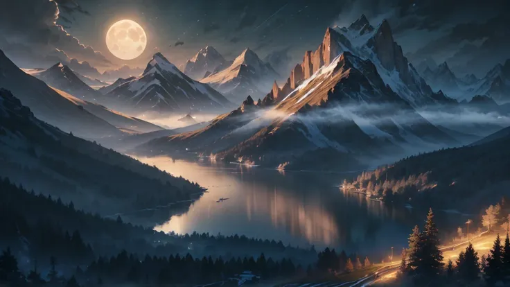 (((masterpiece, best quality, high detailed, 16k))) A breathtaking scene of a full blue moon hanging in a clear night sky, casting a cool glow over the landscape. A light mist covers the serene lake, reflecting the moons light perfectly. Surrounding the la...