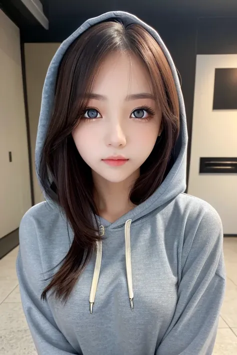 (masterpiece, exquisite beautiful eyes: 1.5), masterpiece ,1 girl,cute face,(beautiful symmetrical eyes),large breasts,hoodie, v...