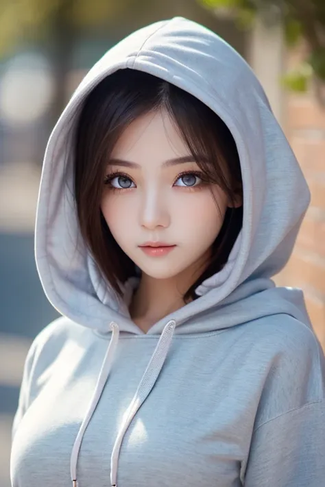 (masterpiece, exquisite beautiful eyes: 1.5), masterpiece ,1 girl,cute face,(beautiful symmetrical eyes),large breasts,hoodie, v...