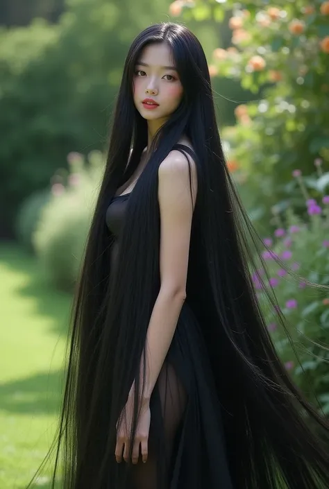 Taken photo  from about 10meters away.Japanise lady realistic(best image quality、highest quality、highest resolution、Ultra-realistic photography、full body photo、masterpiece、16ｋ、）one girl。Super super long blackhair。Hair length is over 20 meters。super ultra l...