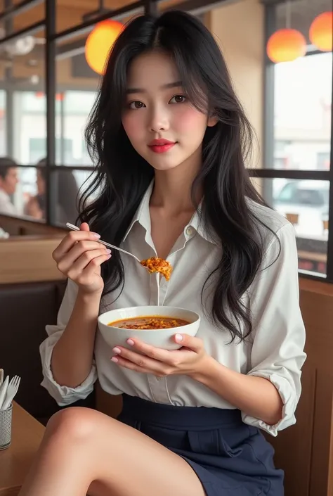 "K-POP style women&#39;s realistic images、Korean Beauty, length, Wavy black hair. She is at CoCo Ichibanya、Eating curry。She is eating curry with a spoon in her hand、Eating at the counter at CoCo Ichibanya。She is wearing a white business shirt., Navy Mini S...