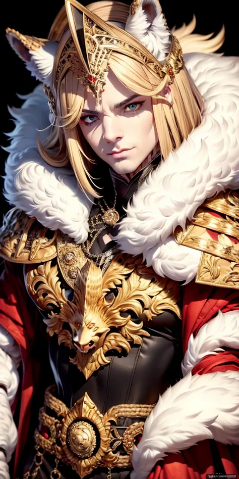 best quality, masterpiece, a portrait of white wolf, gold eyes,white clothes, royal clothes, menacing, detailed fur, 8k, hd, hig...