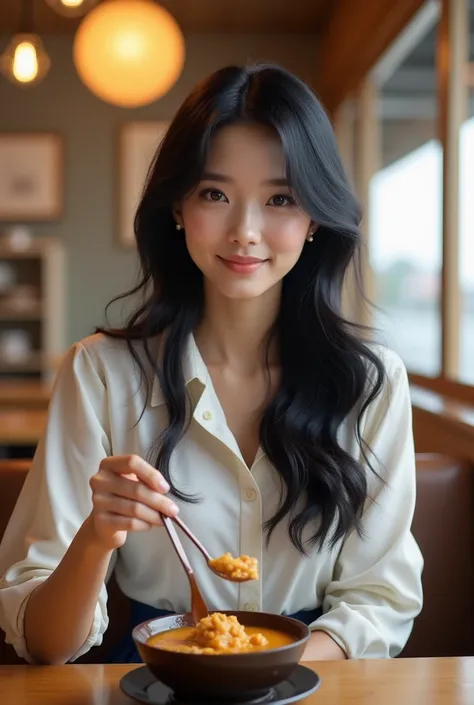 "K-POP style women&#39;s realistic images、Korean Beauty, length, Wavy black hair. She is at CoCo Ichibanya、Eating curry。She is eating curry with a spoon in her hand、Eating at the counter at CoCo Ichibanya。She is wearing a white business shirt., Navy Mini S...