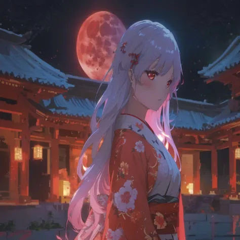 An anime girl in a red kimono stands in front of a red moon, Anime Style 4 k, anime wallpaper 4k, anime wallpaper 4k, Anime Art Wallpapers 8K, anime art wallpaper 4k, anime art wallpaper 4k, Gwaiz, 4k anime wallpaper, Anime Style. 8k, Nightcore, artwork in...