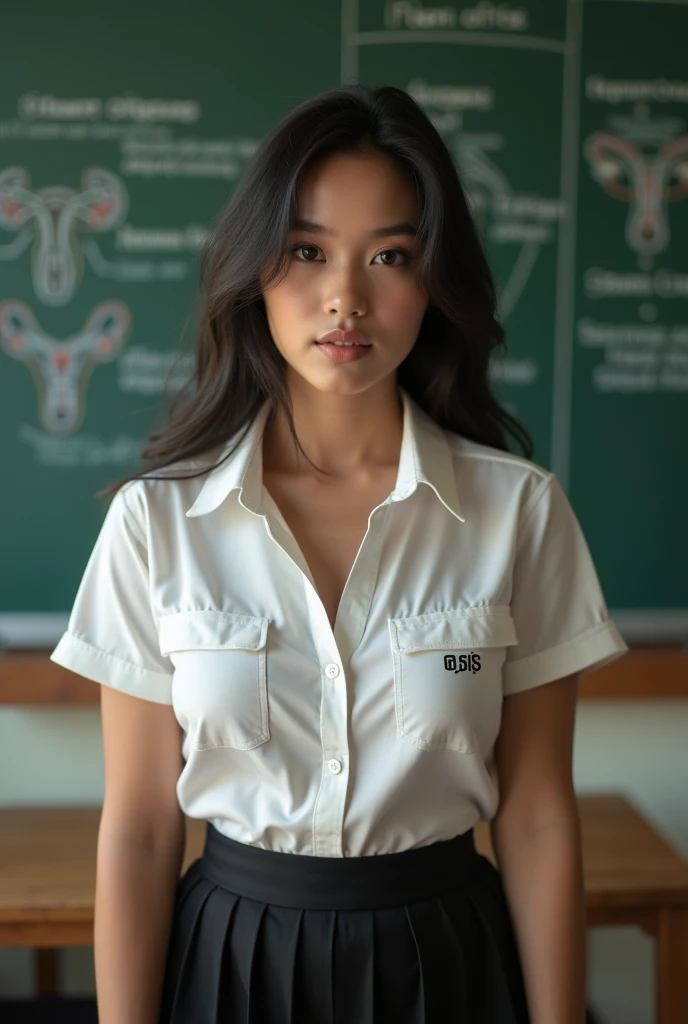 A sexy indonesian girl, big breasts, wear indonesian high school unifor (white shirt grey skirt) with OSIS logo on the left chest pocket. Standing in front of class with chalkboard that show human reproduction subject as background. look at the viewer, rea...