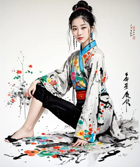 Wu Guanzhong Style - A beautiful painting by Wu Guanzhong, Traditional Chinese colorful Ink ,   beautiful 18yo girl, photo shoot model, studio, glamour pose,full body, feet, pose, detailed eyes, perfect anatomy,