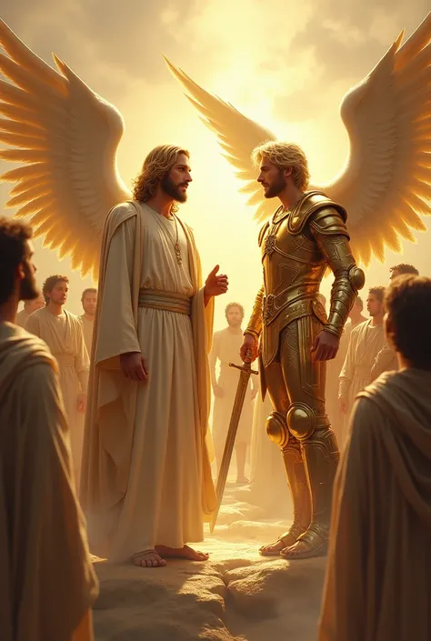 A handsome man Jesus, blond, brown hair with curls in heaven in the clothes of God presenting himself to the Angels and a handsome man with short blond hair dressed in a golden soldier Lusbel at his side with a sword in his hand declaring war on him