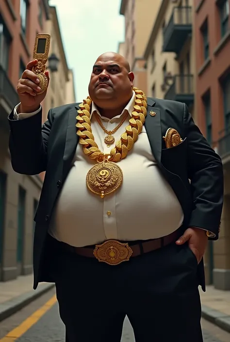 Smiling，The obese gangster raised the gold necklace around his neck to show off his wealth