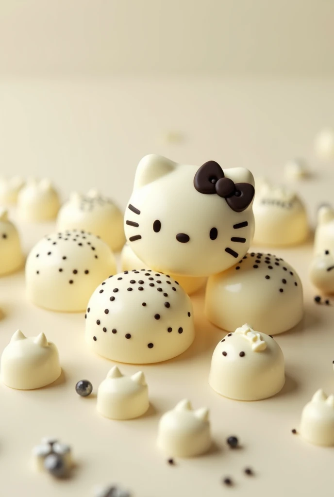 Create a picture of chocolates in the shape of Hello Kitty, Let it be if hello white tea with black Galician dots 