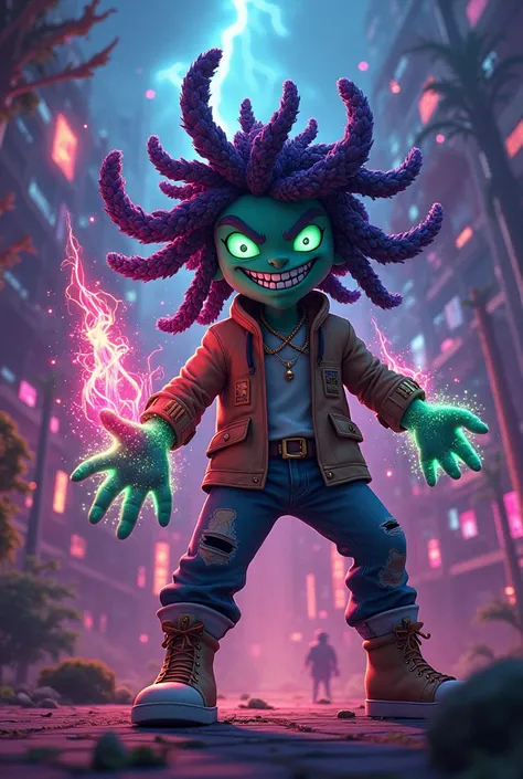 Create a Disney Pixar meets the anime world of hunter x hunter, where exotic cannabis strains with dreadlocks have powers like gum gum fruit. create a colorful vivid background. The main characters are exotic weed strains with dreadlocks and gold teeth in ...