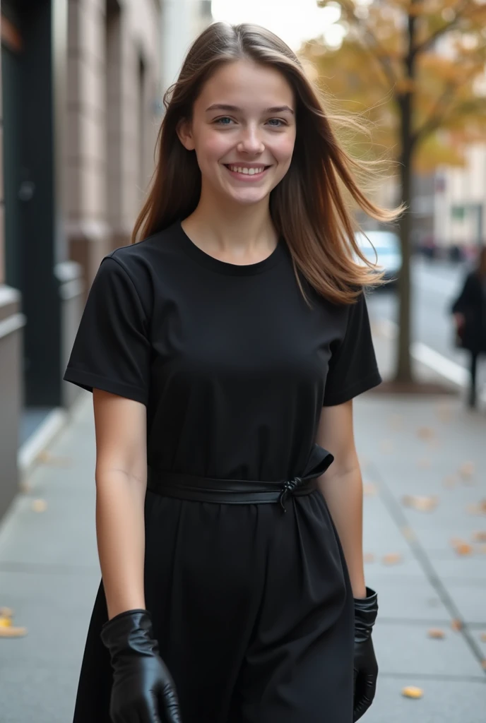 white high school girl with brown straight hair wearing a black dress and black nitrile gloves while walking down a city sidewalk