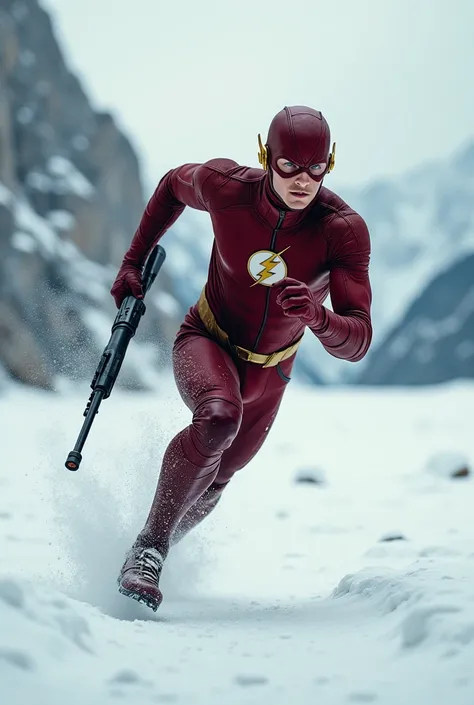 Flash running in the snow with a rifle in his hand