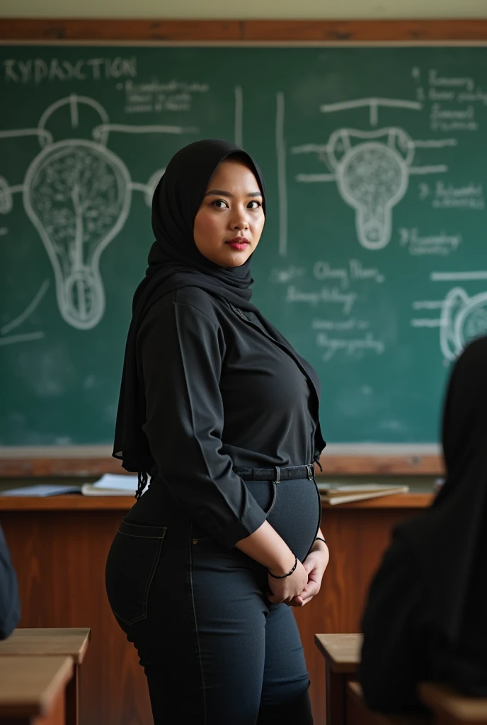 A sexy indonesian woman, huge breasted, wear hijab, wear semi formal clothes. Standing, teaching in front of class with chalkboard that show human reproduction subject as background. look at the viewer, realistic photography, natural light, wide angle shot...