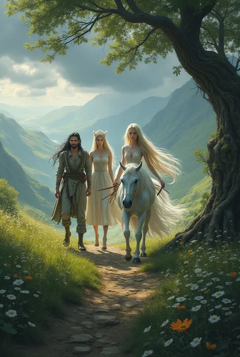 
an elf, A unicorn, a female elf, and a fairy queen on her way to war
 


