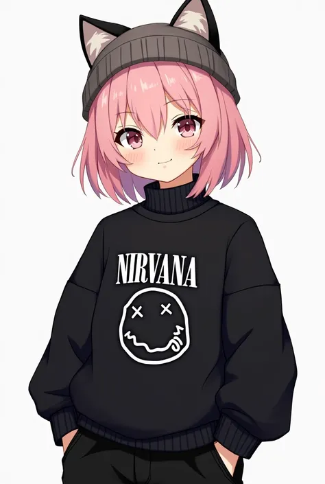 Boy with medium-long pastel pink hair, with a black sweater that says nirvana and black pants with a knitted hat with anime-style cat ears 