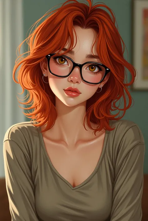 A female character who has red hair, wear looser clothes , with square glasses, more relaxed and messy hair, eyes browns 