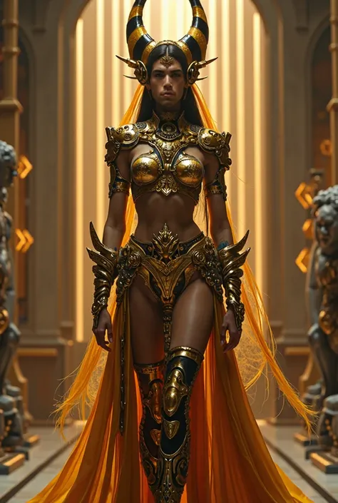 regal, golden and black striped headdress, ornate chest piece, intricate gold accessories, futuristic body art, standing confidently, dynamic lighting from multiple angles, futuristic interior background with statues, majestic atmosphere, medium angle, bal...