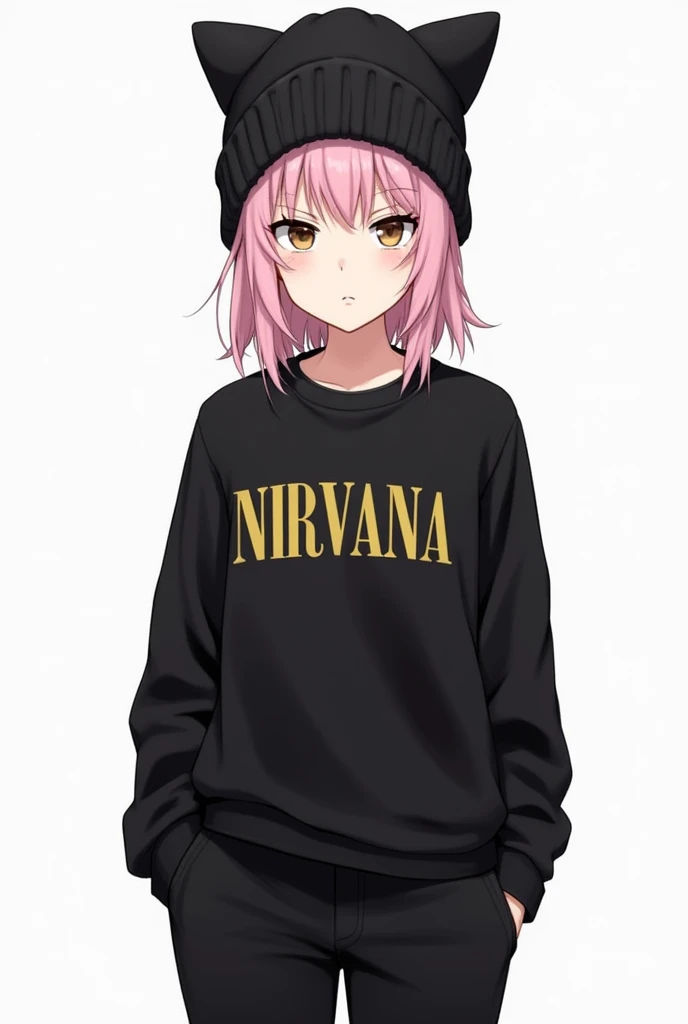 Adult boy with medium-long pastel pink hair, wearing a black sweater that says Nirvana and black pants with a knitted hat with anime-style cat ears looking straight ahead seriously 