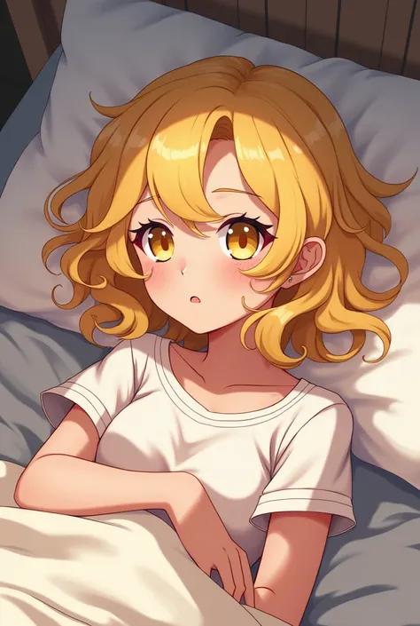 A trans with curly blonde hair and yellow eyes wearing pajamas and some tattoos in bed in a 2D anime style 