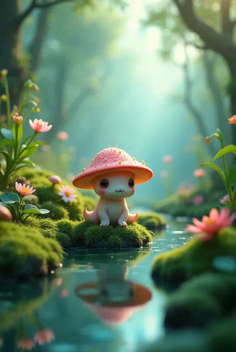 in a magical forest of lush idyllic, exotic green plants and lush flowers, Crystal clear water leaks: 1.2, Small creature with features of a mushroom and an octopus on top, Beeple and Jeremiah Ketner, an alien mushroom with tentacles, very beautiful and cu...