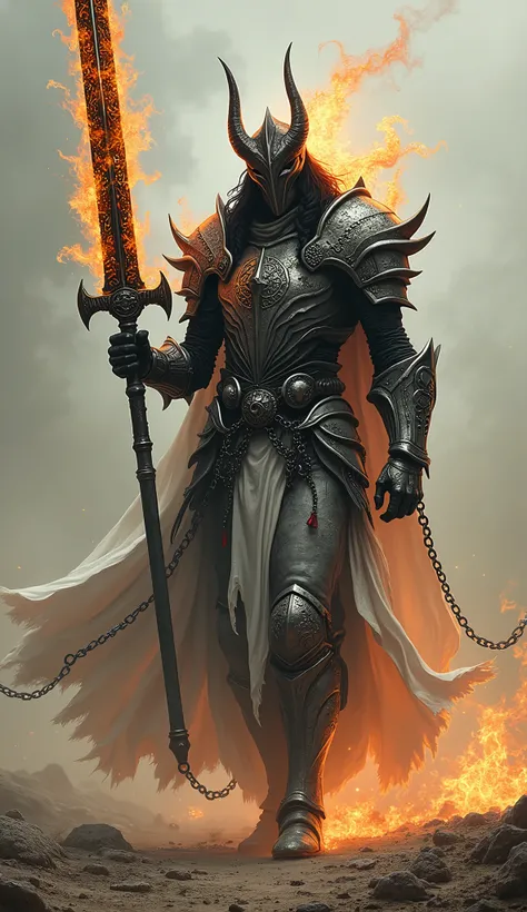 black hair braid deathknight, white armor made from bones and chain, black chrome spike crown, ((((flaming broadsword raised overhead)))), etched with rune magic, shimmering heat wave, walking on an empty field of dust and ash