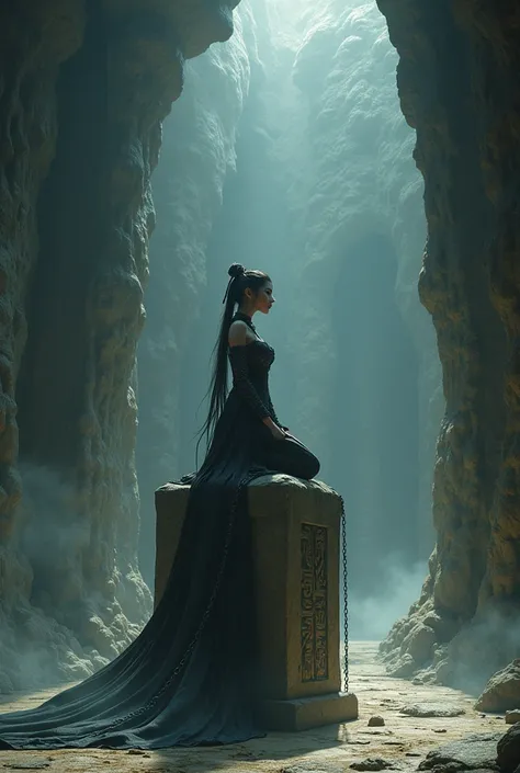 Cave.abyss,A large stone pillar,full of artistic textures,An oriental black dragon princess is kneeling on the stone osmanthus,long hair shawl,Big breasts,Chinese style Hanfu,Hands wrapped in chains