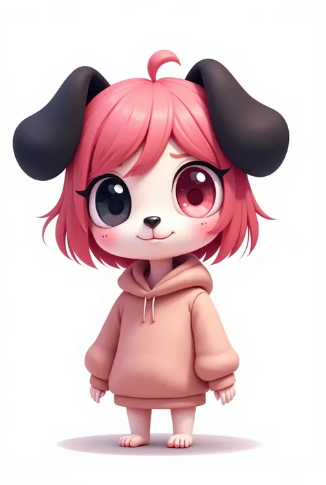 Uma  estolo cartoon .white with one black eye and the other white with pinkish pulpits in reverse colors , the hair is dark pink with black floppy dog ears  , with a sweatshirt worthy of a child, half of the body , white background 