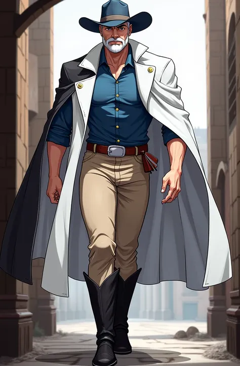 Muscular young man, short white hair, Dark blue eyes, short white beard, dark blue cowboy hat, black colored cape, blue denim jacket, brown pants, long black cowboy boots, walking ahead