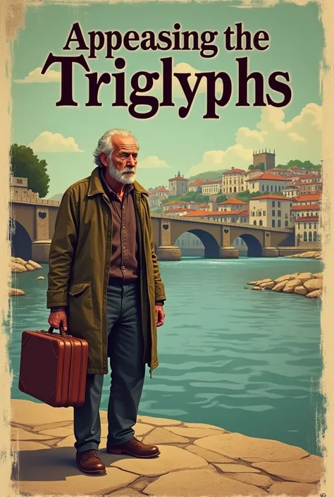 70s poster. letters that say "APPEASING THE TRIGLYPHS", An old man is seen with his suitcase on the banks of the Douro in the city of Porto