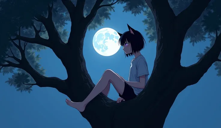 1 black hair solo with cat ears purple eyes in simple clothes sitting in a tree watching the moon 