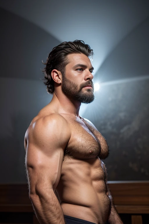 As  handsome white black man with blue mists surrounding his eyes. Hunky, hunk, hairy, very hairy chest. Theres a glow in his eyes, short hair, seductive, 3, short hair,, macho alpha , in boxer red and white warm colors, big hairy chest,,  robusto, fornido...