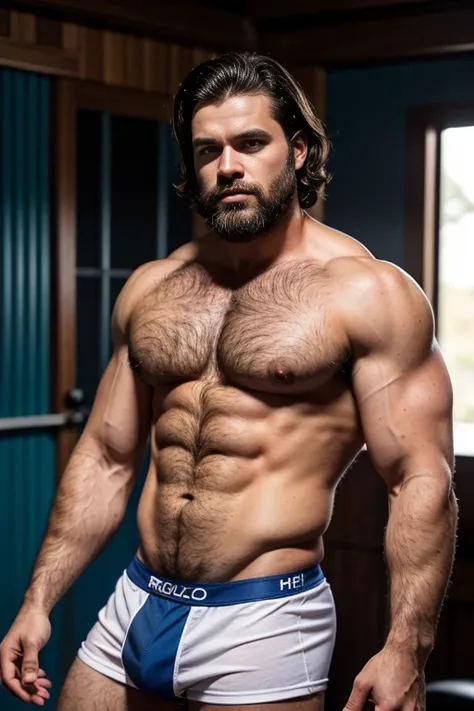 As  handsome white black man with blue mists surrounding his eyes. Hunky, hunk, hairy, very hairy chest. Theres a glow in his eyes, short hair, seductive, 3, short hair,, macho alpha , in boxer red and white warm colors, big hairy chest,,  robusto, fornido...