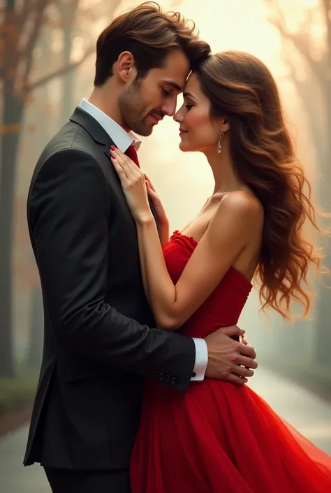 Brown-haired man with green eyes in a suit holding the other hand of a brown-haired woman with brown eyes in a red dress 