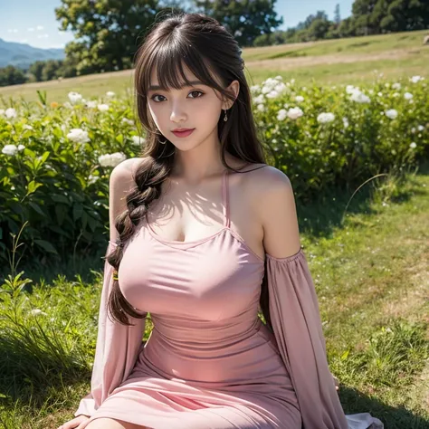 laughing out loud，1 female, 2，Wear a dress，Gauze dress, In the grassland，light brown hair, blunt bangs, hair behind ears, Shoulder length hair, long hair, Braided hair for a slender figure，超face slimming型, face slimming, delicate lips, beautiful eyes, Thin...