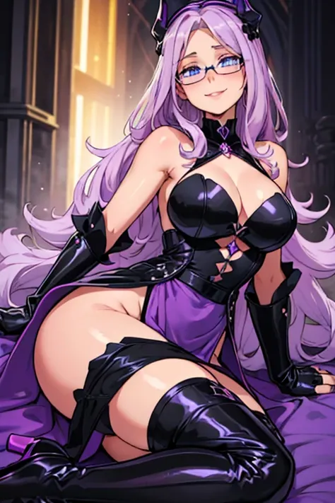 female, blonde long hair, blue eyes, (((1girl))), (((light purple and black royal dress))), (black fingerless gloves), (black knee length skirt), (light purple stockings), (black heeled boots), (glasses), cute and sexy, large breasts, long legs, smiling