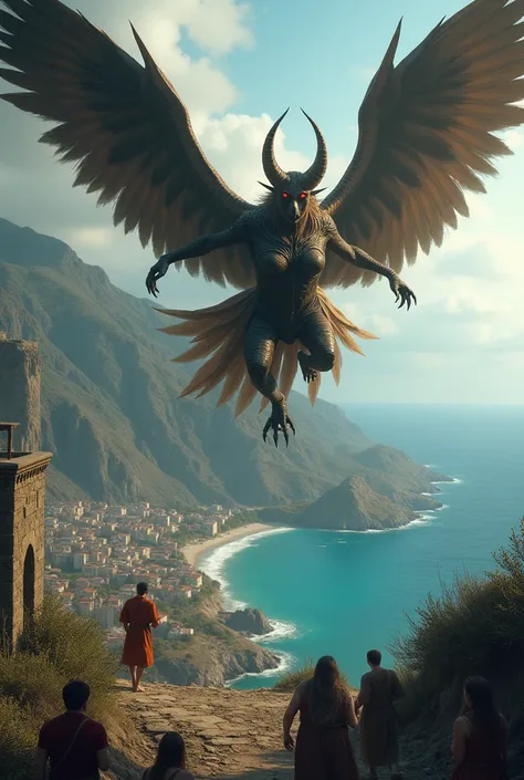 Create a winged being half eagle half woman with two large horns and red eyes flying over a medieval Greek island with desperate people in fear.
