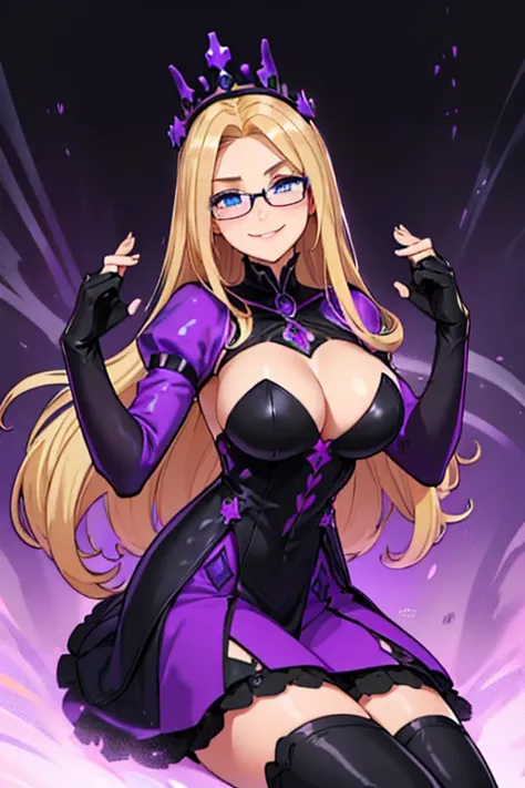 female, blonde long hair, blue eyes, (((1girl))), (((light purple and black royal dress))), (black fingerless gloves), (black knee length skirt), (light purple stockings), (black heeled boots), (glasses), cute and sexy, large breasts, long legs, smiling