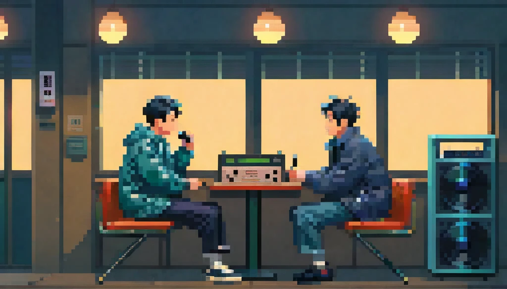 Lo-Fi、Chill、Two men are depicted in full body、Radio programの収録中、Sitting across from each other.、evening、Retro、Radio program、They both have serious expressions、Make a gesture