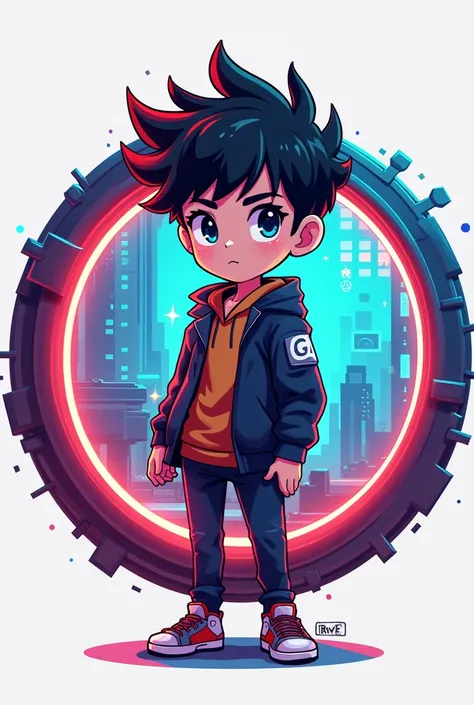 Make a logo write with Gamecraft  background animi boy standing 
In circle 
