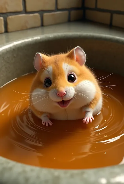 A hamster swiming in a piscina of oil