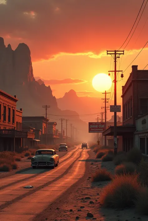 An abandoned city. The setting suggests a desert landscape with a vintage American vibe, zombie apocalypse, photo realistic sunset. cinematic lighting